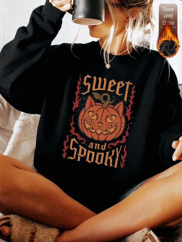 Forro de lã quente feminino, tecido grosso para uso no outono e inverno, moletom com gola redonda e estampa de abóbora de Halloween doce e assustadora, moletom grande Curve, moderno e versátil, casa/escritório/estilo retrô/estilo de rua/estilo britânico/estilo universitário, roupas esportivas femininas de rua, blusa feminina de algodão para sair, macia e respirável, adequada para roupas de clima frio, blusa de manga comprida preta