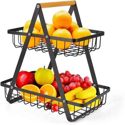 2/3 Tier Kitchen Fruit & Vegetable Basket, Removable Storage Basket With Wooden Handle, Multi-Layer Storage Basket For Kitchen Organization, Suitable For Kitchen, Dining Room, Cafeteria, Outdoor Picnic, Home Decor, Party & Christmas Storage