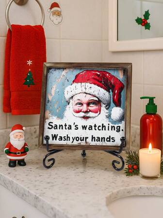 1pc Christmas Mini Bathroom Sign Decor Painting, Santa Claus Design Bathroom Door Decor, Santa's Watching Wash Your Hands Bathroom Wooden Sign, With Stand For Indoor/Outdoor, Home Decor, Room Decor, Christmas Table Ornament,Living Room Bathroom Decor,Christmas Gift Decoration, Christmas Decor, Photography Booth Prop, 2026 New Year Decorative