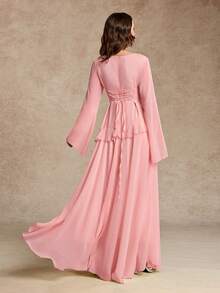 Women's Elegant Ruffle Trim Tie-Waist Flare Sleeve Dress, Spring/Summer - Pink - View 3