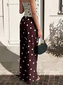 Women's Versatile Comfortable Polka Dot Zipper Long Pants, Straight Leg Y2K Style Trousers - Coffee Brown - View 2