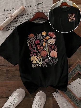 Howell All-Match Fashion Floral Print Short Sleeve T-Shirt Women's Casual Charming Flower Pattern Tee With Round Neck Graphic Tees Women Tops