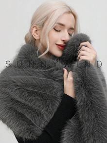 1件装女士纯色时尚蓬松披肩，适合用作新娘斗篷、晚宴围巾以及秋冬季日常穿着的女士连衣裙披肩。 - 深灰色 - 查看 4