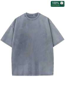 Vintage Washed And Distressed Oversized Short-Sleeved Cotton T-Shirt With Delicate Double-Sided Wing Print. - 灰色 - 查看 2