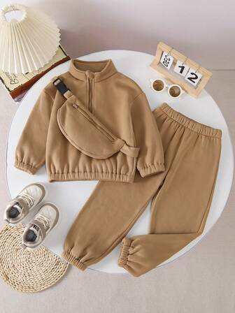 2-Piece Young Boys Solid Color Sweatshirt Set, Boys 2025 New Fashion High Collar Casual Top & Jogger Pants With Solid Color Sling Bag