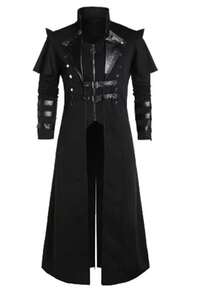 复古万圣节中世纪蒸汽朋克刺客精灵海盗服装成人男士黑色长款开衩夹克哥特式盔甲皮衣，派对礼服 - 黑色 - 查看 10