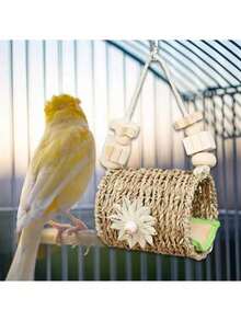 1pc Handwoven Grass Bird Nest, Spherical Open Birdhouse, Parrot Warm Nest, Yard Decor, Suitable For All Seasons, Random Color, Natural Material Color Variation Is Normal