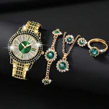 1 Set Women's Fashion Jewelry Set: Green Crystal Watch, Includes Necklace, Earrings, Bracelet And Ring, Suitable For Daily Wear, Birthday Gift, Party, Holiday Gathering, Also An Ideal Gift For Yourself Or Friends. Packaging Not Included. - 綠色 - 查看 7