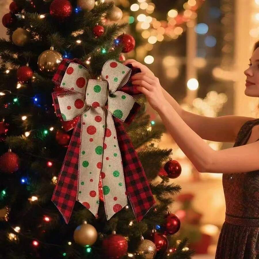 1 Stück Weihnachtsbaum Rot Schneeflocke Schleife Ornament Anhänger, Samt imitierter Leinen Schleife Weihnachtsparty Dekoration Zubehör, Schneeflocke Karomuster Schleife Anhänger, handgemachte Weihnachtsschleife aus rotem und grünem Samt mit Buchstaben, Weihnachtsbaum Dekoration Karomuster Polka Dot Schleife, Ahornblatt Schneeflocke Karomuster Schleife Festival Dekorationszubehör