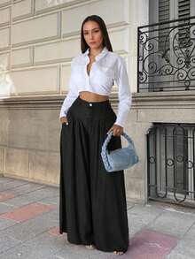 2026春夏新款女士纯色休闲优雅街头外出约会度假褶皱阔腿高腰黑色长裤，情人节裤装，春节裤装，女士长裤，女士阔腿裤，女士阔腿裤，女士长裤，女士办公装，春季服装，裤子，办公装，优雅女士服装，度假，夜店装，女士春季装，女士度假装，夏季度假装，夏季，女士生日装