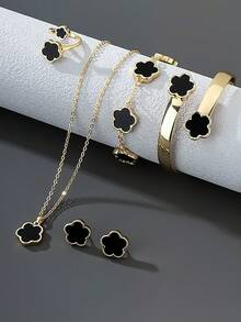 Conjunto de 5 joias de liga com design de flores da sorte, presente moderno para mulheres, pulseira de cristal de cura, promove a cura energética espiritual, adequada para uso diário, presente ideal para família, esposa ou parceira