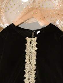 Vihyde Set da 2 pezzi di top a maniche lunghe in velluto nero e oro con fondo svasato e gonna a doppio strato in tulle per ragazze pre-adolescenti