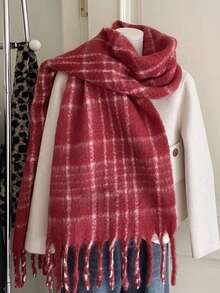 1pc Autumn/Winter Fashion Striped Plaid Fleece Warm Women Boucle Red Wool Thick Scarf, Bohemian Casual Windproof Couple Shawl, Comfortable Blanket Scarf, Suitable For Daily Wear For Dress - Red - View 6