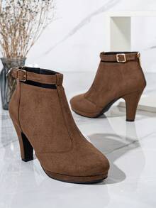 Wide Fit Casual Versatile Suede Ankle Boots, Commuting & Party Wear, Chunky Heel High Heels, Autumn/Winter