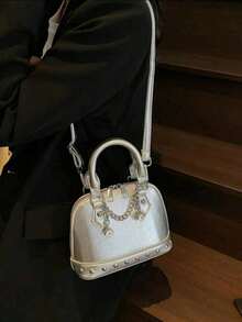 1pc Fashion Silver PU Material Rivet Chain Decor Adjustable Strap Shell Bag, Women Y2K Punk Style Mini Crossbody Shoulder Handbag, Suitable For Millennium Aesthetic, Dance Party Accessory - Silver - View 3