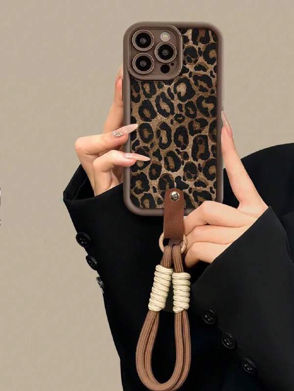 1 pieza Funda de teléfono a prueba de golpes con estampado de leopardo marrón y cordón, adecuada para iPhone 11 12 13 14 15 16 Pro Max, 17 Pro Max, 17, 17 Air, 17 Pro