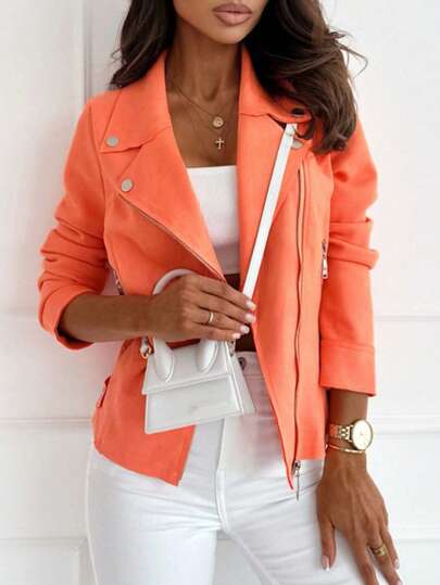 Women's Zipper Button Decor Casual Fitted Short Stand Collar Zip-Up Jacket, Suede Fleece Short Coat