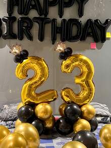17pcs Gold Number Column Aluminum Foil Balloon Set, Includes 32-Inch Gold Numbers, Latex Balloons, Gold Crown Balloons, Suitable For Wedding, Birthday Party, Anniversary, Family Gathering Decoration - Multicolor - View 3