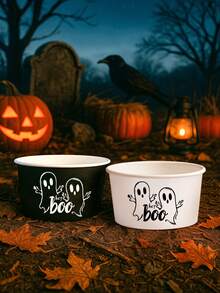 10pcs Halloween Themed Disposable Paper Bowl, Halloween Black White Ghost Pattern Party Decoration Paper Bowl, Halloween Ghost Disposable Food Container, Halloween Dining Table Decoration Paper Bowl, Halloween Horror Element Disposable Paper Container, Paper Bowl Container For Treat Candy Snack Nacho Cookie Trick Or Treating Birthday Party Favor, Halloween Decoration, Halloween Food Tray