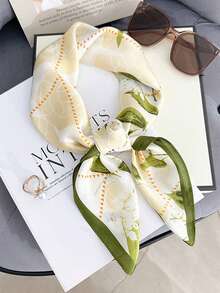 1 pieza Pañuelo cuadrado de seda con estampado floral elegante de 27.6 pulgadas, pañuelo para el cuello de mujer, accesorio versátil para el cabello, protección solar