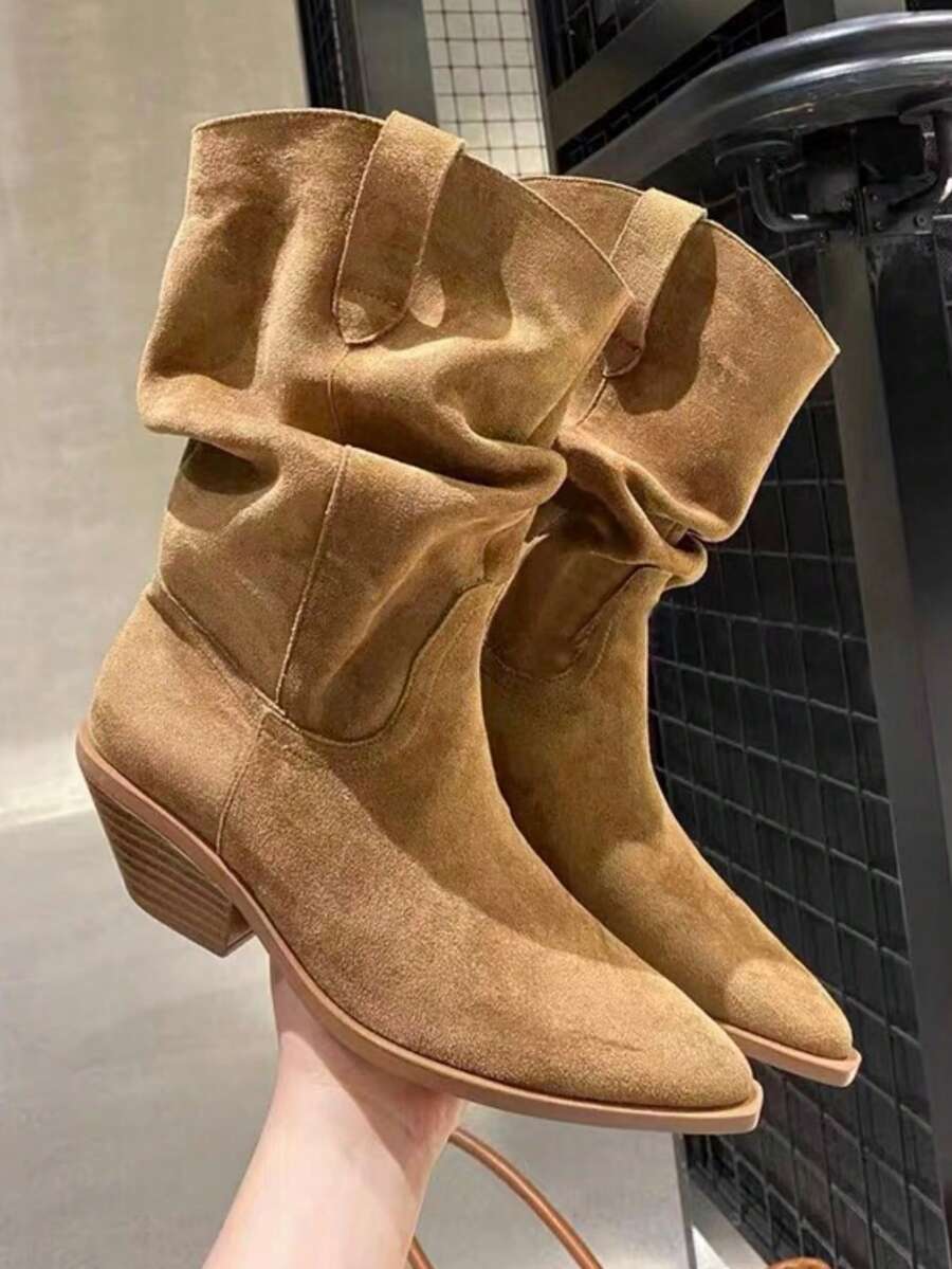 2025秋冬新款粗跟西部风做旧短靴，欧美风女式中筒靴