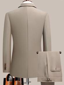 The Latest Men's Solid Color Suit Two-Piece Set With Lapel Collar And Double Breasted Buttons For Four Seasons, Men's Business Suit, Formal Business Casual Wedding Dress - Màu Khaki - Xem 2