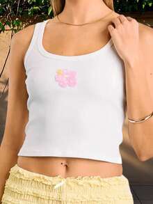 Women's Summer Crop Tank Tops Sleeveless Scoop Neck Bead Flower Slim Fit Vest Casual Summer Shirts - 粉色 - 查看 5