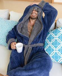 Mens Robe With Hood, Big And Tall Plush Fleece Long Robe For Men Full-Length Bathrobe Cozy And Warm With Pockets