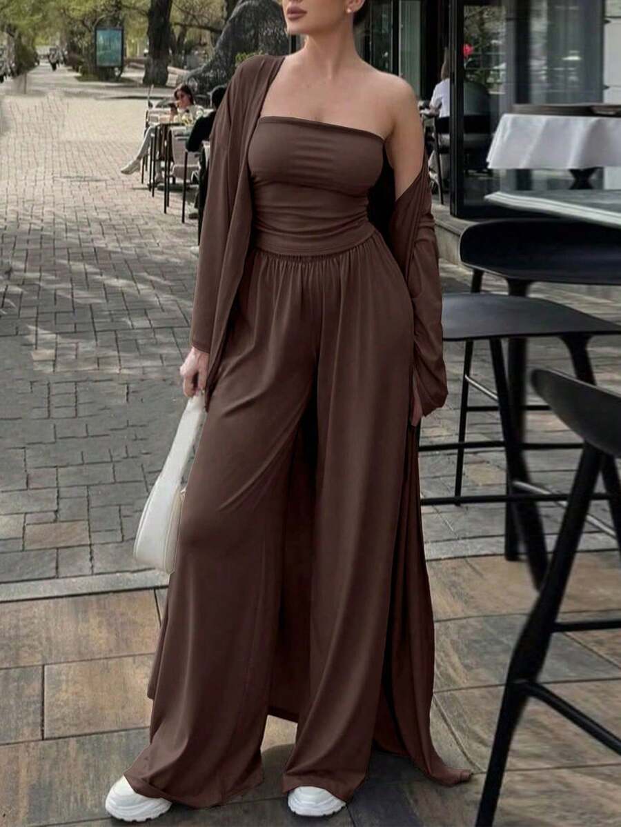 Women 3 Piece Lounge Set With Long Cardigan Coat Sleeveless Tube Top And Wide Leg Pants Matching Outfit Travel Airport Casual Streetwear LoungewearSet - 咖啡棕 - 查看 1