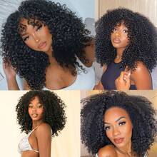 DZfirst Tóc giả sợi tổng hợp kiểu dáng mới, xoăn bồng bềnh, rẽ ngôi chữ V, dài 16 inch, mềm mại, xoăn nhẹ, che phủ toàn bộ đầu, rẽ ngôi chữ V, không cần để lộ tóc thật, kiểu tóc giả nửa đầu cài kẹp. - màu đen - Xem 9