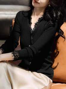 Romantic Lace Patchwork Slim Fit Women Knit Cardigan, Elegant Fitted Black Open Front Layering Sweater - Black - View 4