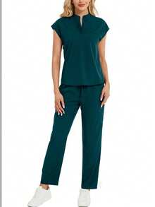 2pcs Set: Solid Color Notched Neck Batwing Sleeve Top And Long Pants Loungewear Spring - Dark Green - View 4