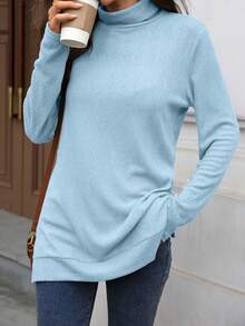 Womens Knit Tops Fall Long Sleeve Turtleneck Solid Color Slit Hem Casual Pullover Sweater - 淺藍色 - 查看 3