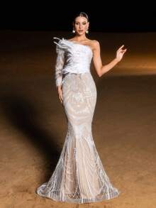 Faeriesty Glamour Luxury One-Shoulder Mermaid Evening Gown With Sequin, Sequins Accents – Geometric Patterns, Slim-Fit Fish-Tail Silhouette For Weddings, Red-Carpet Events, Evening Galas & Luxurious Dinners - Apricot - View 4