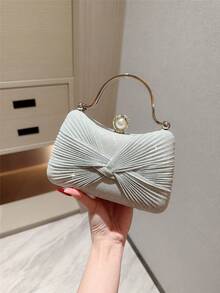1pc Glittery Bow Design Mini Box Clutch Bag, Elegant Luxury Rhinestone Decor Evening Dress Purse, Charming Party Handbag, Glamorous Ladies' Clutch For Formal Events, Suitable As Holiday Gift, Comes With Detachable Shoulder Chain - Silver - View 3