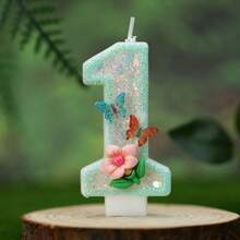 1 pièce Bougie numéro d'anniversaire, bougie de gâteau d'anniversaire avec papillon vert clair et fleurs, bougie à paillettes pour décoration de gâteau, convient pour les fêtes d'anniversaire des filles et des femmes