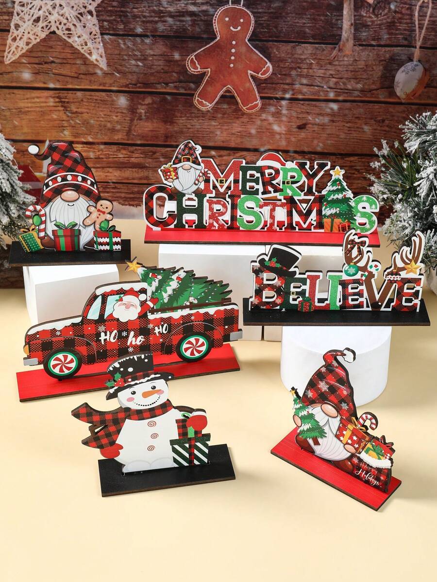 1 set Adorno de madera navideño, diseño de muñeco de nieve, Papá Noel y hombre de jengibre a cuadros rojos y negros, decoración de mesa navideña, decoración de escritorio para fiesta de Navidad, decoración navideña, decoración del hogar, regalo de Navidad, regalo conmemorativo para un ser querido, decoración festiva, decoración de estilo granja, decoración de mesa de cocina, regalo de Navidad creativo DIY, decoración navideña