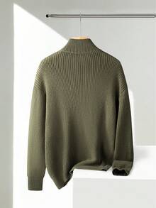 LOOKUN Men's Winter Clothing, Casual Loose Minimalist Solid Color Retro American Style Zip-Up Polo Collar Sweater, Versatile For Daily Wear And Outdoor Commute - Dark Green - View 3