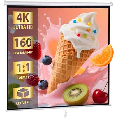 120'' Projector Screen, Retractable Projection Screen Manual Pull Down HD Screen 1:1 Format For Home Cinema Theater Presentation Education Outdoor Indoor Public Display