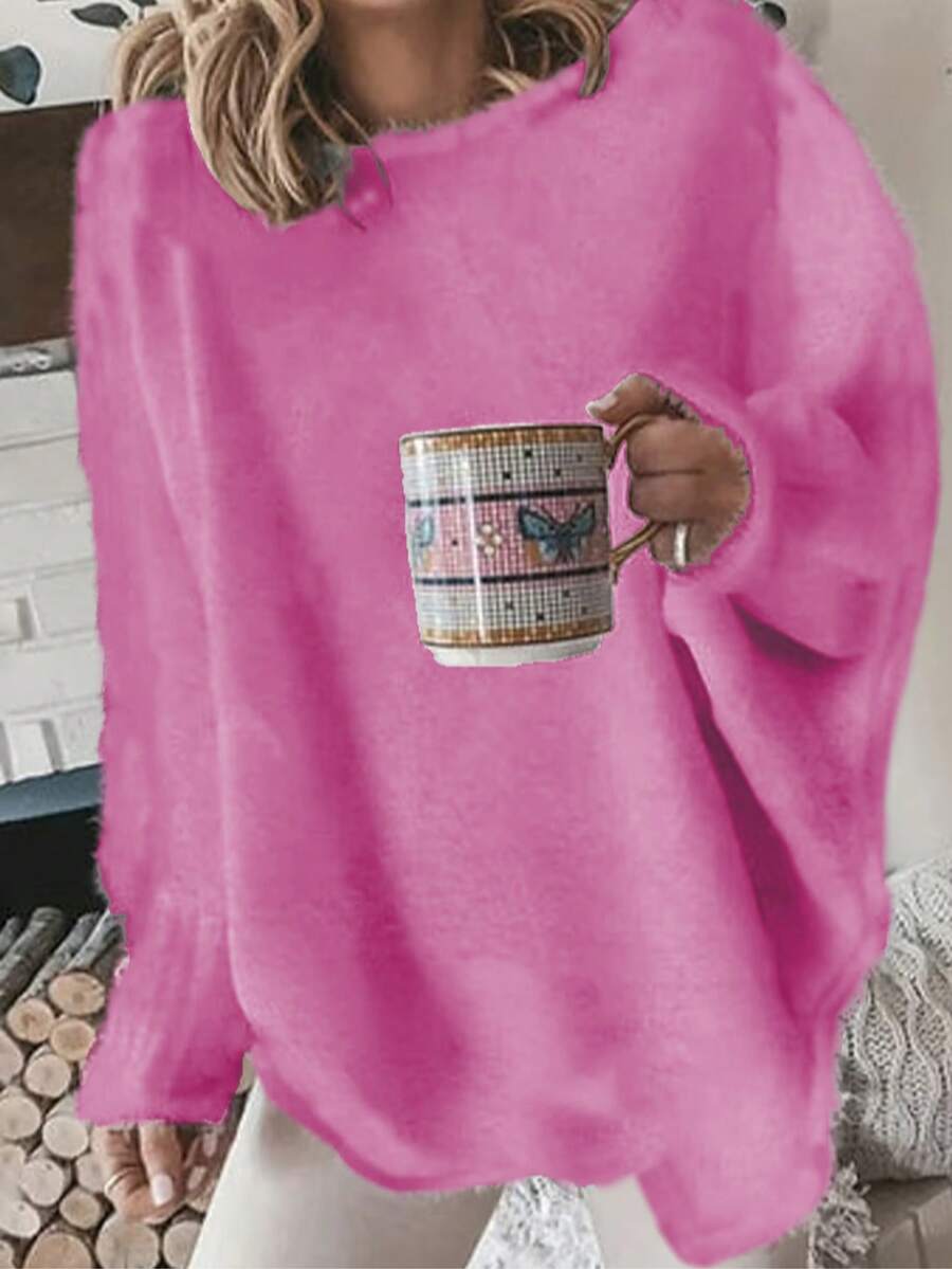 Suéter holgado de manga de murciélago de unicolor talla grande - Rosa - Ver 1