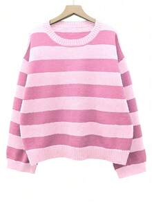 秋季女式条纹宽松套头毛衣，圆领，落肩设计，宽松版型，复古风，韩式休闲，返校季舒适百搭，节日红色毛衣，圣诞节、新年、情人节礼物 - 粉色 - 查看 4
