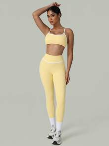 2 PCS CO Ord Set Spring And Summer Women Fashion White Line Yoga Sports Bra And Legging - 黃色 - 查看 3