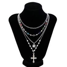 Gold Layered Cross Necklaces For Women, Stack Choker Vintage Pendant Cross Rhinestone Stacking Virgin Mary Necklace Dainty Waterproof Non Tarnish Summer Beachy Jewelry Gifts - 男士項鍊 - 查看 8