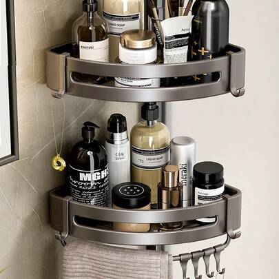 1pc Punch-Free Triangle Rack, Corner Shelf With Hooks, Dormitory Storage Rack,Shower Caddy, Storage Shelf For Bathroom & Kitchen,Balcony Storage Rack,