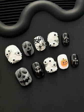 椭圆形指甲手工按压式指甲，带蜘蛛和眼球饰物、猫眼渐变色、手绘万圣节创意南瓜图案和 3D 设计 - 全覆盖 DIY 闪亮人造指甲，假指甲适用于派对、户外、海滩、日常、假日、聚会、工作和特殊活动 - 10 件/包
