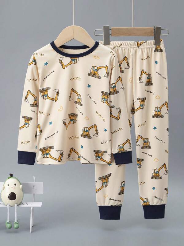 2pcs/Set Toddler Boys Cartoon Excavator Print Thick Long Sleeve Top And Long Pants Pajama Set, Autumn/Winter