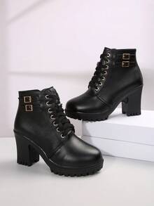 [Runs Small] Women's Ankle Boots And Ankle Boots Autumn/Winter New Double Buckle High Heel Chunky Heel Lace-Up Boots Comfortable Boots Work Boots Thick Sole Boots - Black - View 3