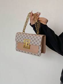 复古花卉图案女士单肩包，配有链条肩带，时尚女士方形翻盖包，经典设计（金色调锁，百搭花卉面料，适合优雅女士） - 卡其色 - 查看 10