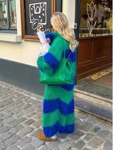 Plus Size Color Block Long Cardigan Sweater, Fashionable Soft Knit Material With Lantern Sleeves - Black And White Striped Long Sleeve Knit Cardigan, Essential For Autumn/Winter, Contrast Color Knit Fabric Ribbed Plus Size Women Cardigan Sweater, Suitable For Holidays, Spring/Autumn - Blue-green - View 3