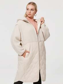 Astrid Plus Size Hooded Long Winter Coat Contrast Teddy Fleece Fur Patchwork Quilted Women Winter Clothes Casual Zip-Up Padded Coat - Beige - View 7